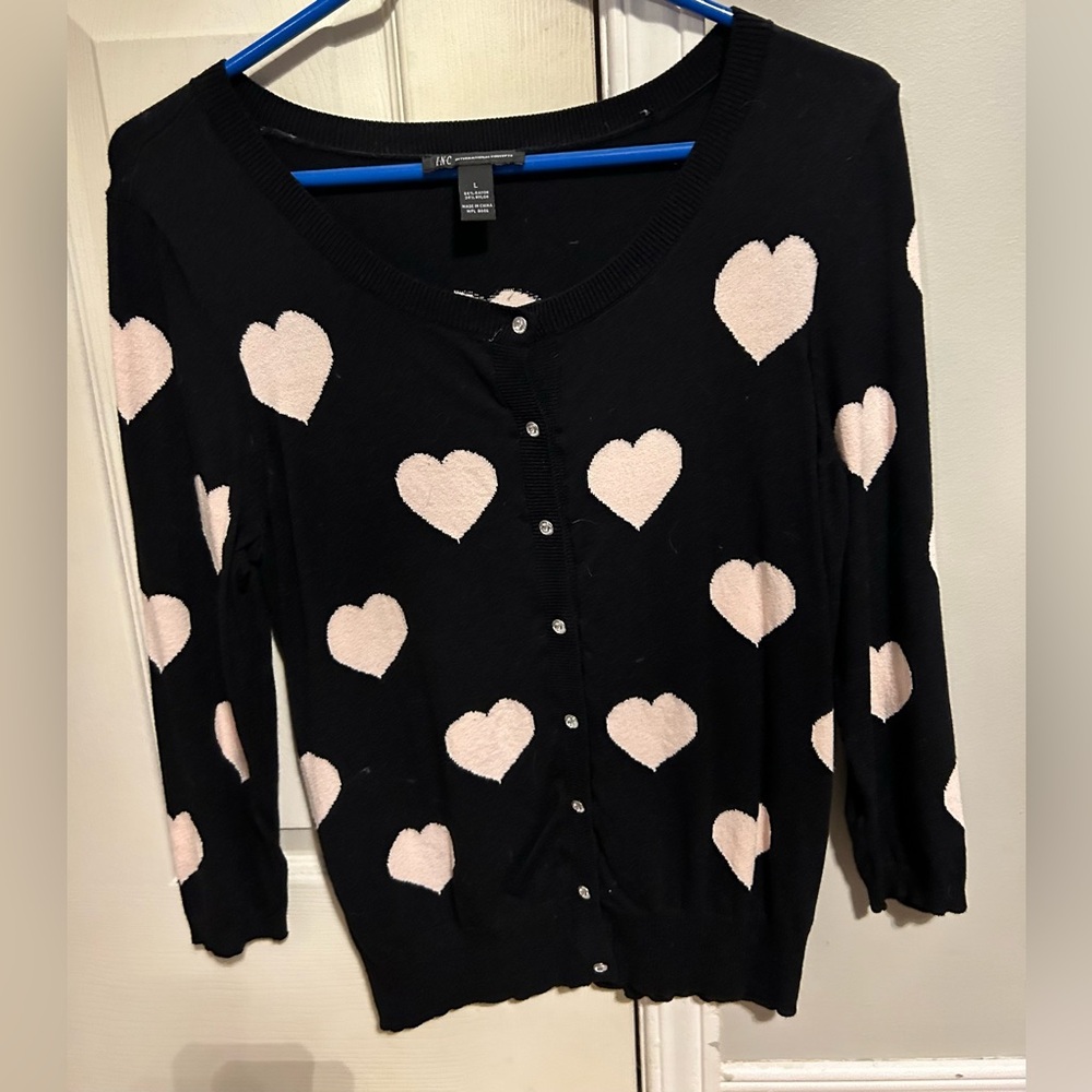 INC button up black and white heart long sleeve cardigan women’s large.
